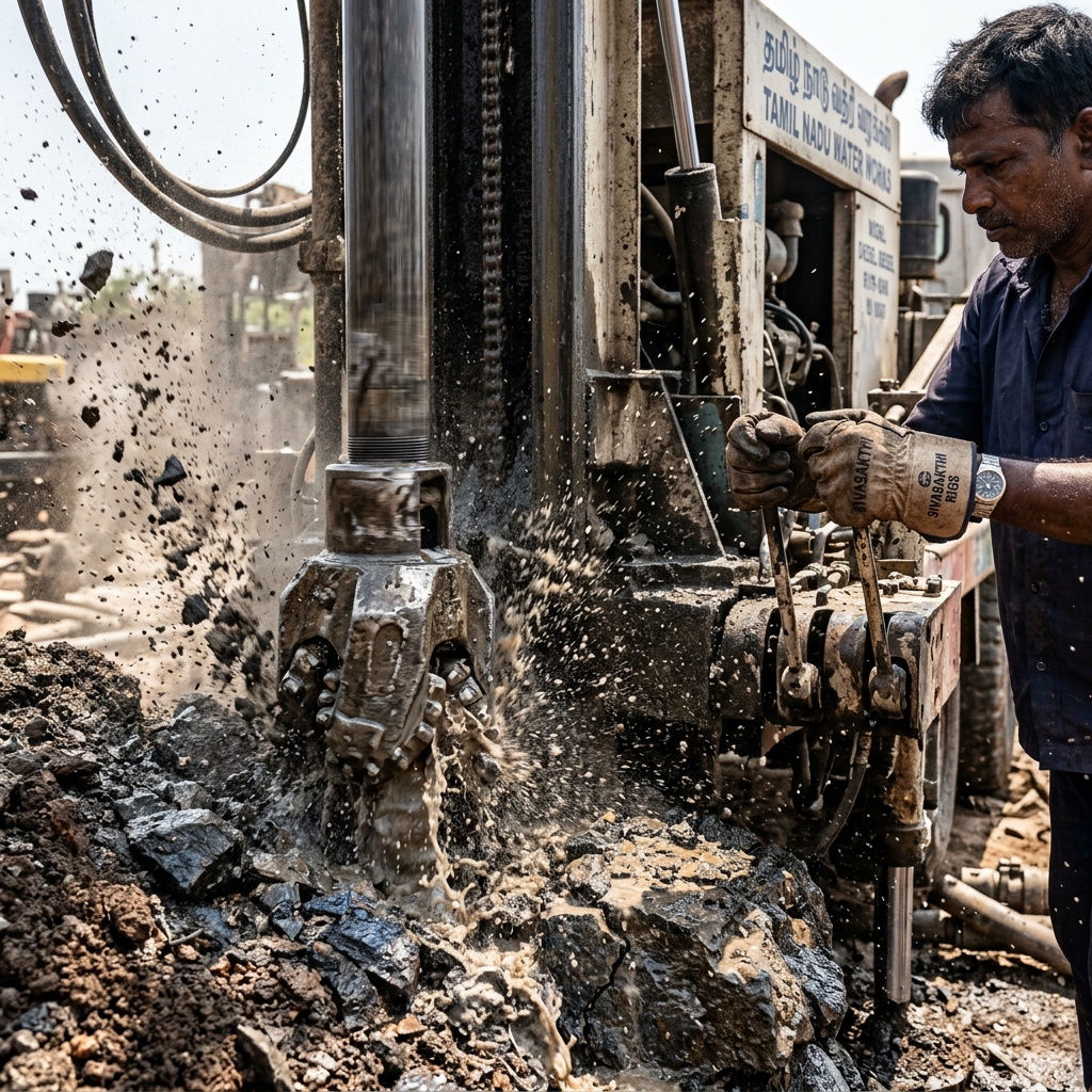 Water well drilling head penetrating bedrock